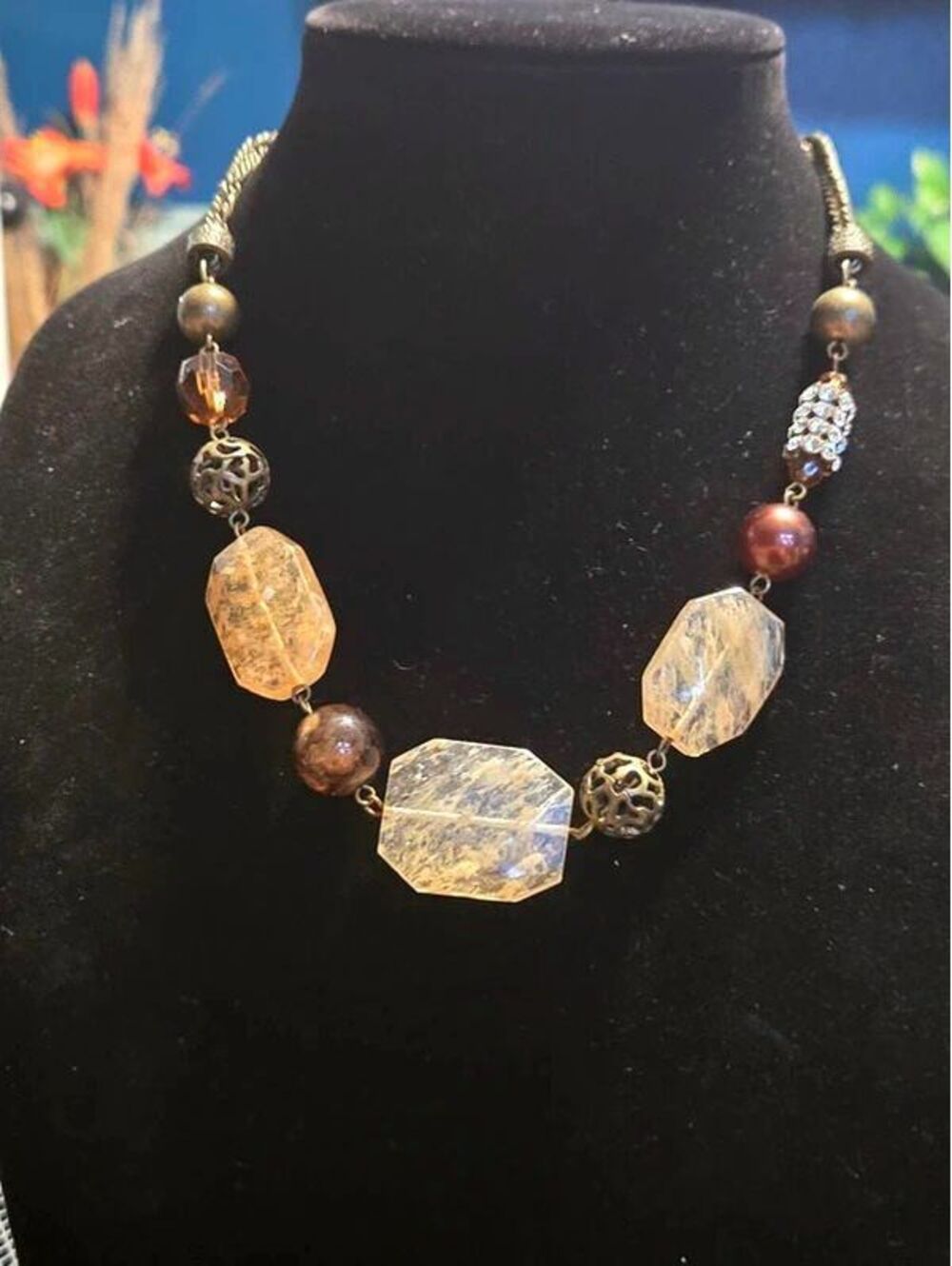 Alfani Statement Necklace Bronze Brown Faceted Stone and Rhinestone Beaded